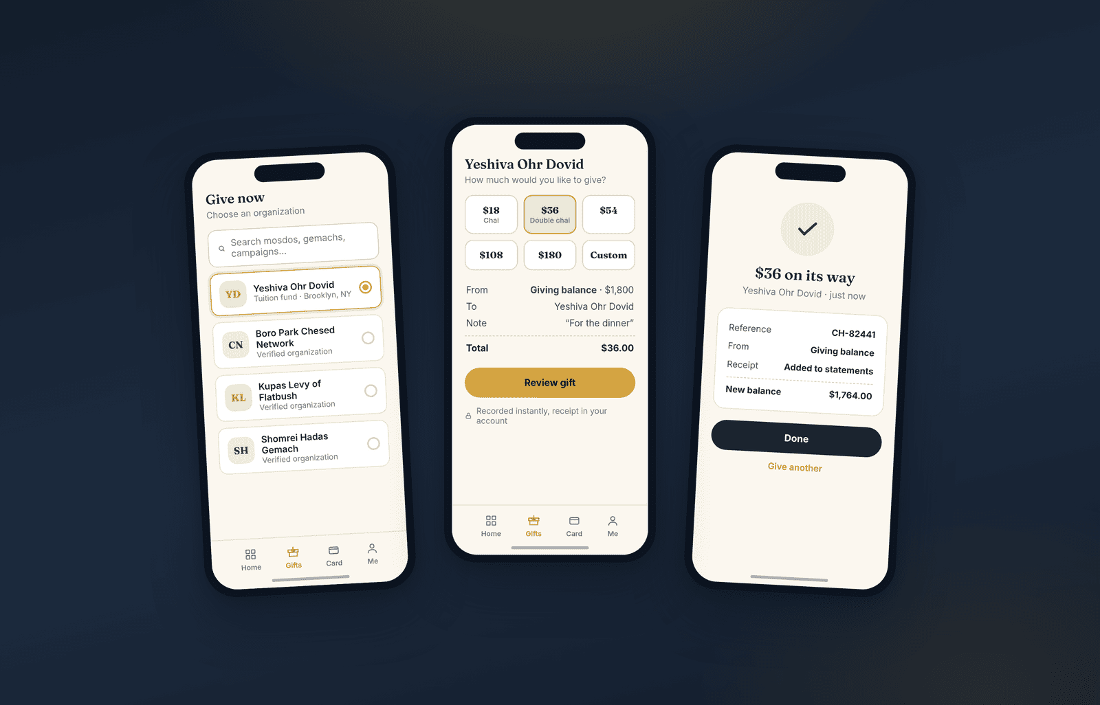 The Chai 18 Fund account shown on three phones