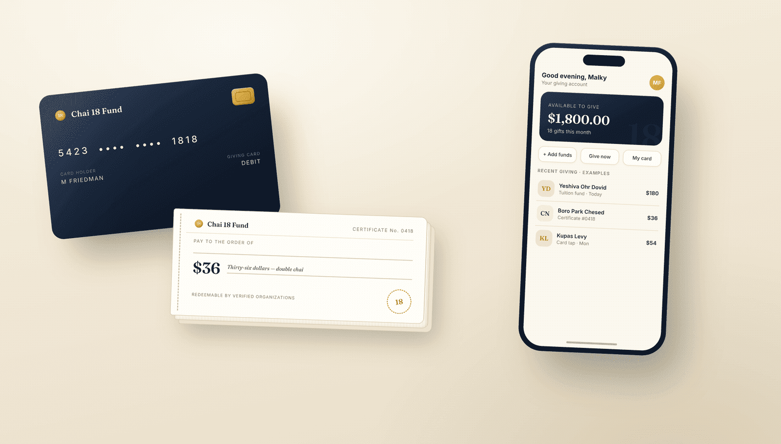 The Chai 18 Fund account on a phone, with the Giving Card and Certificate Book beside it